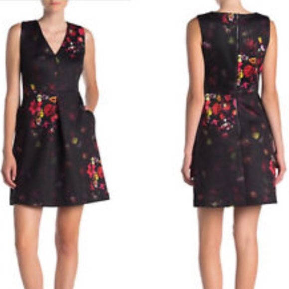 Sam Edelman Fit & Flare Black Floral Sleeveless V Neck Dress Size 8 - Picture 3 of 14